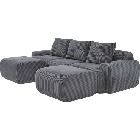 Divano modulare 3 posti in tessuto a coste grigio scuro con 2 pouf (1/5)