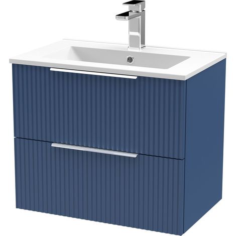 Tixall Fluted 2 Drawer Wall Hung Vanity Unit with Minimalist Basin, Satin Blue, 600mm
