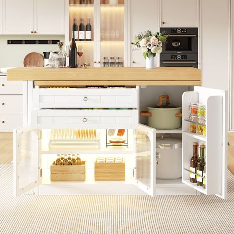 Îlot de cuisine extensible avec table à manger (120–194 cm), plateau pivotant à 360°, portes vitrées, tiroirs et étagères de rangement, blanc/noir (1/4)