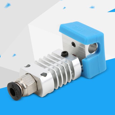Extrusionskopf aus silbernem Vollmetall mit blauem Silikonschutz, 3D-Druckerzubehör, Ersatzteilset, robustes und hitzebeständiges Bauteil. (1/5)