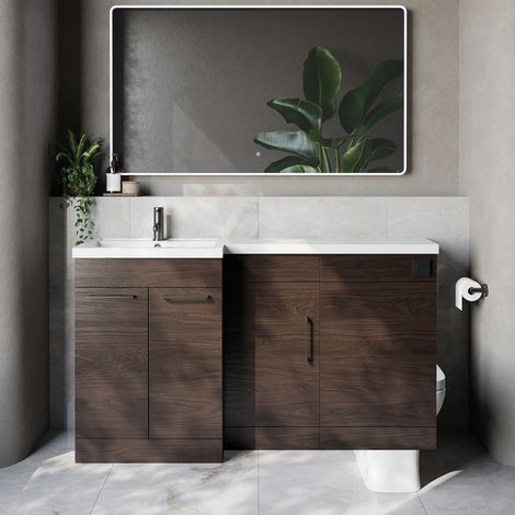 Napoli 390 Brown Oak 1500mm 3 Door Vanity Unit Toilet Suite with Left Hand Square Lucia Basin - 1500mm - Gunmetal Grey 160mm HandleWithout Kingston Toilet Pan