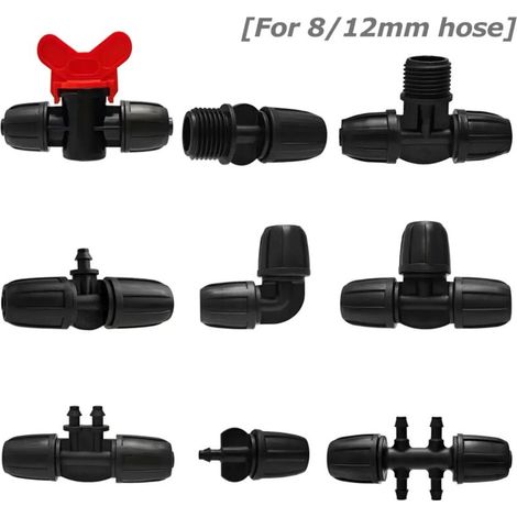(C, comme illustré) 5 connecteurs anti-goutte pour arrosage automatique, avec verrouillage femelle, compatibles avec les tuyaux PE 8/12 mm et 4/7 mm. Adaptateur pour système d'arrosage par micro-asper
