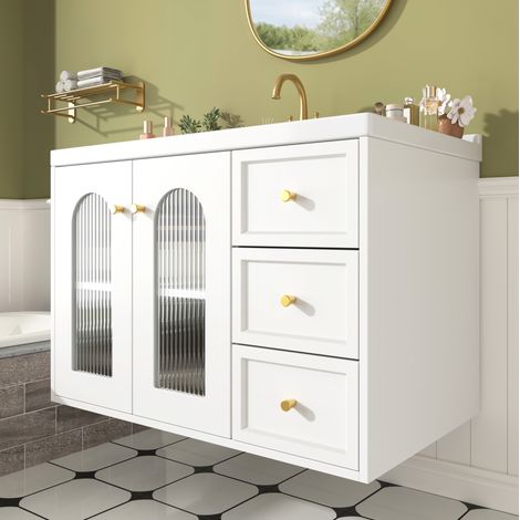 CHICFURN Mueble de baño suspendido 80 cm MDF blanco con 2 cajones y lavabo cerámico (1/5)
