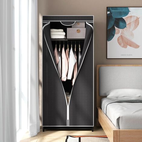 Armoire en toile noire avec housse anti-poussière et fermeture zip, étagère et tringle pour chambre, studio et buanderie (1/5)