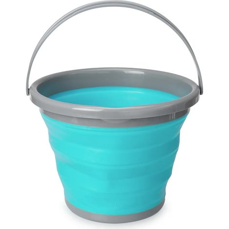 Seau pliable en silicone Navaris - Seau de nettoyage de 10 L pour le camping, la pêche et la cuisine - Seau ménager compact de 10 litres, bleu et gris (1/5)