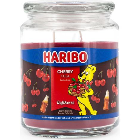 Bougie parfumée Haribo™ Cherry Cola, 2 mèches, HxD 13x10 cm, brûle 100 h, en verre, pomme, baies, cerise, rouge foncé