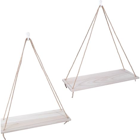 Lot de 2 étagères murales en bois avec corde pour suspendre pots de fleurs et plantes, décoration intérieure, couleur bois (1/5)
