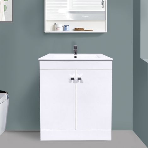 600mm 2 Door Gloss White Wash Basin Cabinet Floor Standing Vanity Sink Unit Bathroom Furniture (1/6)