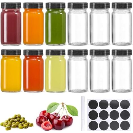 12 bouteilles doseuses en verre de 60 ml avec couvercles, petit pot transparent réutilisable à large ouverture et étanche pour gingembre, wellness shot, jus, échantillon, whisky – compatible lave-vais