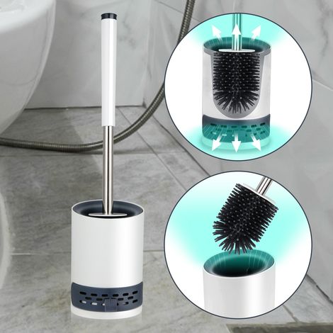 Jiubiaz Cepillo de baño de silicona con mango largo, cepillo de baño para cuarto de baño, blanco (1/5)