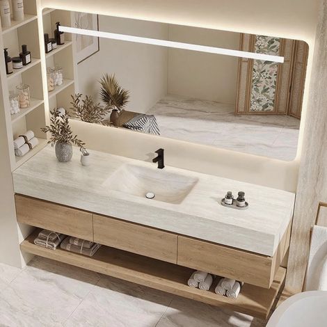 Wandhängendes Waschbecken-Set - Sinterstein - Travertine look, mit Spiegel, Unterschrank, Ablage & Ablauf, mit Armaturenloch 120cm (1/5)