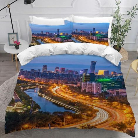 Bettwäsche-Set 200x200 cm Mikrofaser 3D Stadtbild mit 2 Kissenbezügen 80x80 cm