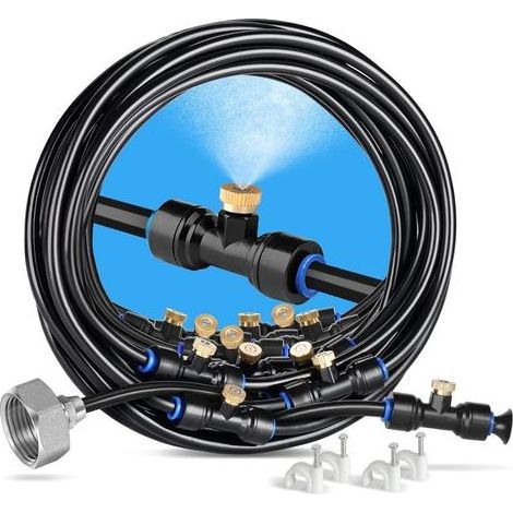 Brumisateur Terrasse, 18M Brumisateur Exterieur Pré-assemblé avec 20 Buse et 3/4" Adaptateur en Laiton, Système de Refroidissement pour Patio Jardin Serre (1/4)