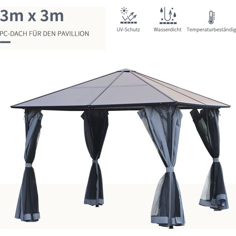Pavillon de jardin avec toit en polycarbonate, rideaux anti-moustiques, structure en aluminium gris anthracite, dimensions 3 x 3 mètres (1/4)