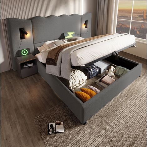 Cama con almacenaje 180x200 cm gris en lino con lámparas orientables y puertos USB-C (1/5)