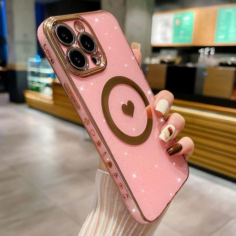 Custodia per iPhone 13 Pro Max da 6,7 pollici con glitter a forma di cuore, compatibile con MagSafe, cover posteriore antiurto, ideale per donne e ragazze - Rosa (1/2)