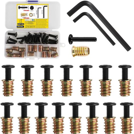 30 Pcs Insert Fileté Metal: 15 Insert Fileté Bois M6 x 15 mm et 15 Vis de Connexion pour Meubles M6 x 20 mm, Manchons à Visser Écrous à Visser pour Meubles en Bois, avec 2 Clés