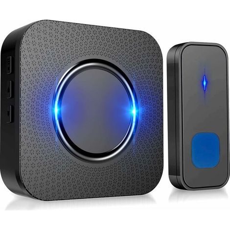 Sonnettes sans Fil, 55 Mélodies 5Niveaux Volum et, IP55 Étanche Carillon sans Fil, Kit de Carillon avec 300 Mètres , LED Flash, 1 Récepteur EnfichablesNoir (1/5)