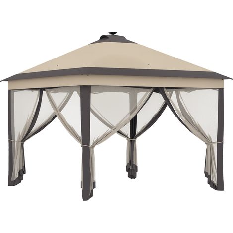 Tonnelle beige LED 3,3x3,3 m pliante avec télécommande et 4 moustiquaires, abri design sobre pour jardin pratique et connecté