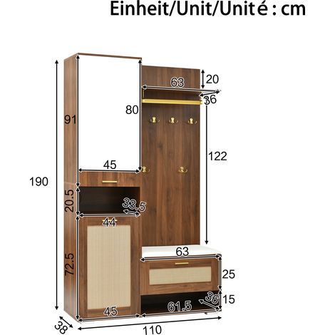 Ensemble de rangement d'entrée avec miroir, 6 crochets dorés, meuble à chaussures, porte-manteau mural, étagère de rangement supérieure, banquette et éclairage LED 16 couleurs. (1/5)