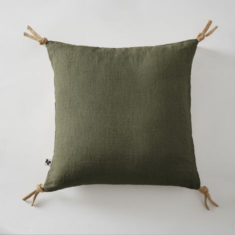 Coussin déhoussable avec pompons en lin lavé 45 x 45 cm soline thym Kaki (1/2)
