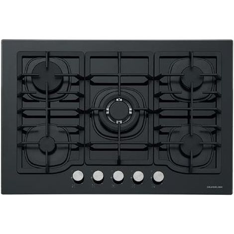 Silverline CS5405B01 Piano Cottura 5 Fuochi a Gas da Incasso (1 bruciatore WOK) Larghezza 75 cm Griglie in Ghisa Piano in Vetro colore Nero