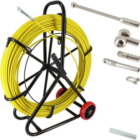 Aiguille tire fil sur dévidoir avec roues - 8mm - longueur 140m - Tire câble électricien Fibre de verre - Rigide et résistante