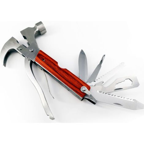 Klappbarer Mehrzweckhammer aus Stahl, ideal zum Campen, Wandern und Angeln. Hammer mit farbigem Holzgriff.
