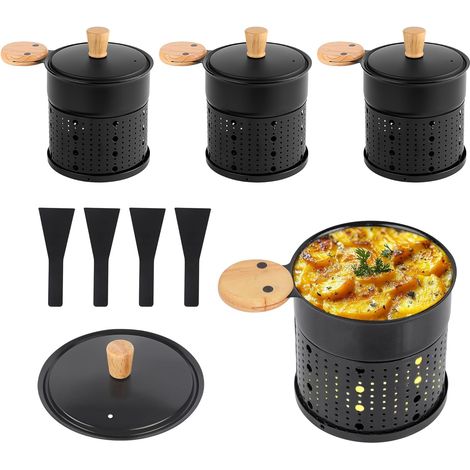 Lot de 4 Appareil Raclette Bougie à Revêtement Antiadhésif,Poêlon Raclette Individuelle de Fusion Rapide sans Fil pour Fromage Fondu Chocolat Oeuf Frit à Table,dans Jardin,en Camping,4 Spatules