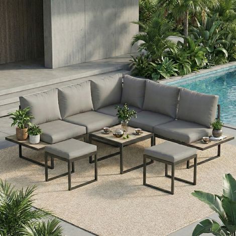 Modulares 6-Personen-Gartenmöbelset mit Couchtisch und Seitenregalen aus PSPC-Holz, 10 cm dicken Kissen, grau