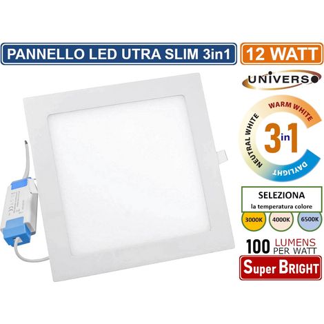 PANNELLO SMD LED QUADRATO DA INCASSO 12W CON DRIVER 1200 LUMEN CCT 3000K - 4000K - 6500K SELEZIONABILE (1/4)