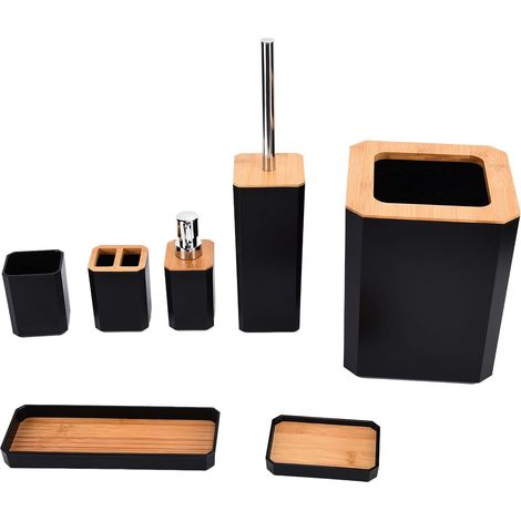 Bathroom Accessories Set, 7 Pcs Wooden Bath Set Toothbrush Holder Soap Dispenser Soap Dish Toilet Brush Holder Bin (Black) (1/5)