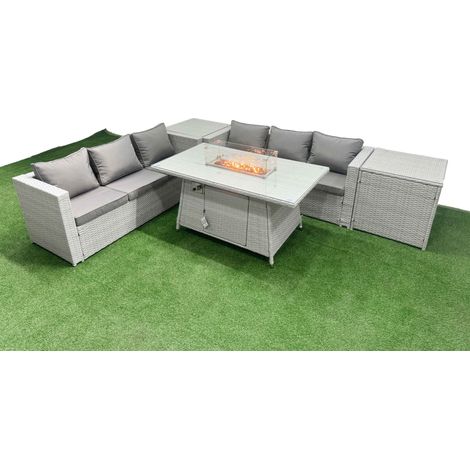 Fimous PE Rattan Lounge Sofa Set Outdoor Garden Furniture Set with Firepit Dining Table 3 Seater Sofa 2 Side Table Light Grey (1/5)