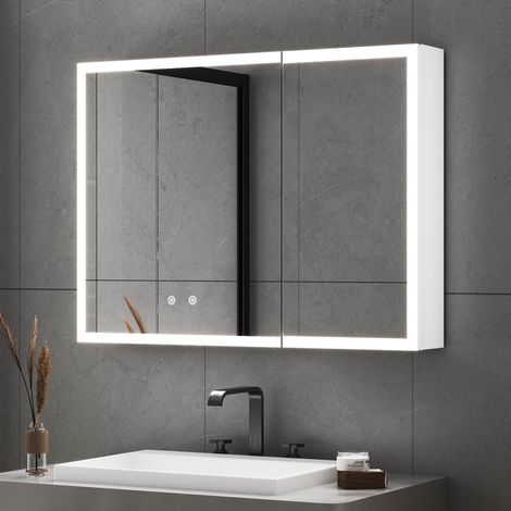 WDWRITTI Weiß Spiegelschrank Bad mit Beleuchtung 80x60cm Spiegelschrank Weiß mit Beleuchtung Badezimmerschrank mit Spiegel Hängeschränke Medizin Kabinett mit 3 Einstellbare Lichtfarben, Beschlagfrei (1/5)