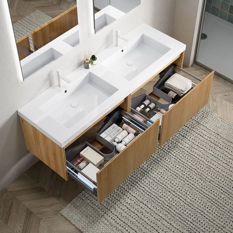 Meuble vasque mural de 140 cm avec 2 vasques rectangulaires blanches en résine, caisson en contreplaqué rayé avec 2 tiroirs, pré-assemblé, aspect bois naturel. (1/5)