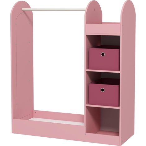 Porte-manteau pour enfants avec étagères, boîtes et miroir en bois, rose