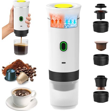 Cafetera portátil, Máquina de espresso 3 en 1 para cápsulas y café molido, cafetera eléctrica, calentamiento rápido para oficina, viajes, blanca (1/5)