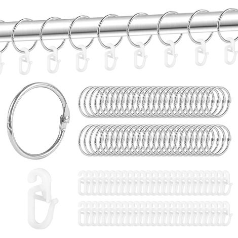 Lot de 50 anneaux de rideau en métal et 50 crochets de rideau en plastique pour fenêtre, porte, rideau de douche, tringle à rideaux (diamètre intérieur 35 mm, argenté) (1/5)