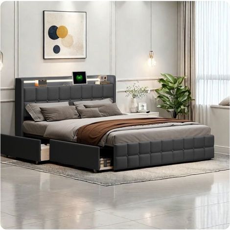 Doppelbett 160x200 Erwachsene, Bett mit Stauraum und 4 Schubladen - Modern mit integrierter LED, Stauraum & USB, Grau