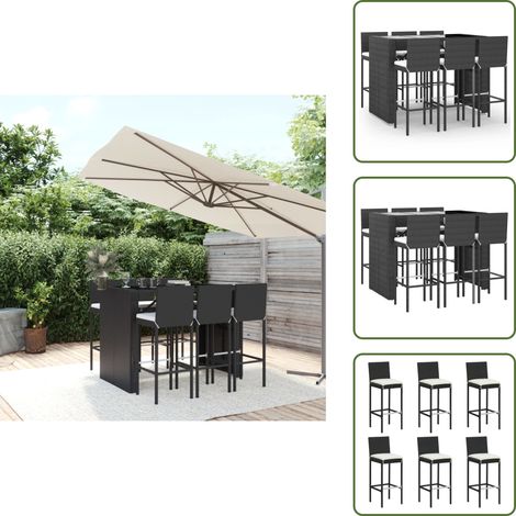 Ensemble de bar de jardin 7 pcs avec coussins noir poly rotin - Ensemble Salon De Jardin - Mobilier De Jardin - Set De Bar Extérieur - Table Et Chaises De Jardin - Chaise De Bar (1/5)