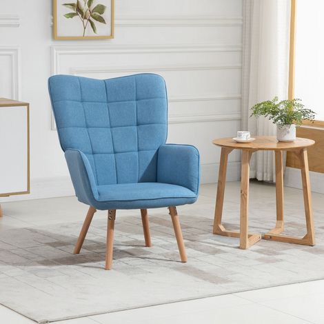 Sillón Individual con Respaldo Alto Reposabrazos Tela de Lino y Patas de Madera para Comedor Cocina 71x76x101cm Azul (1/5)