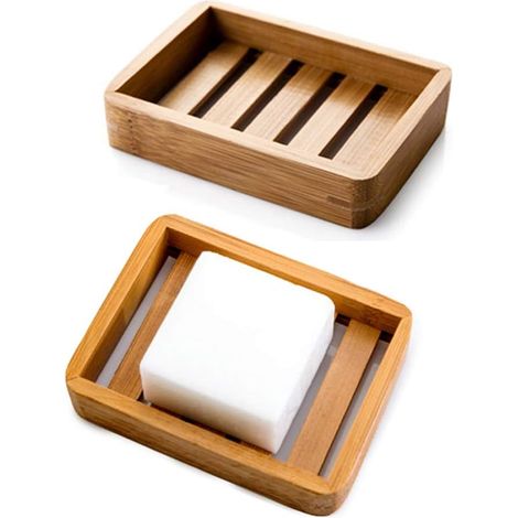 Lot de 2 Porte-Savon en Bois Bambou Naturel Boîte à Savon Support de Stockage de Savon de Douche Saver pour Salle de Bain Douche Cuisine (1/5)