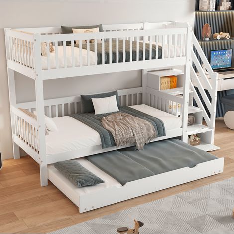 Etagenbett 90/200/190 cm Weiß aus Kiefer und MDF mit Leiterschrank und Rollbett (1/5)