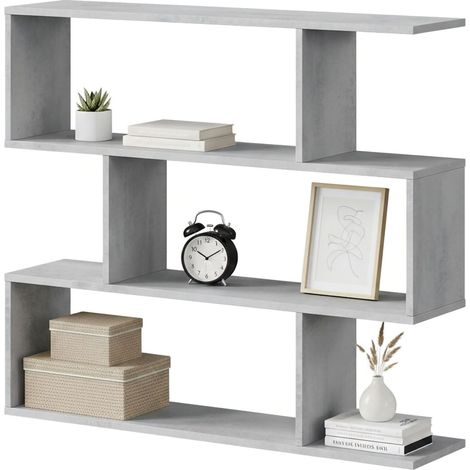 Dmora Buchhandlung Hampton, Niedriges doppelseitiges Bücherregal, Regal mit drei Fächern, Modernes Büroregal, cm 110x24h97, Betongrau