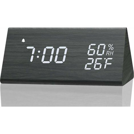 Réveil numérique, avec affichage de l'heure électronique à LED en bois, 3 réglages d'alarme, détection d'humidité et de température, horloges électriques en bois pour chambre, chevet, noir (1/5)
