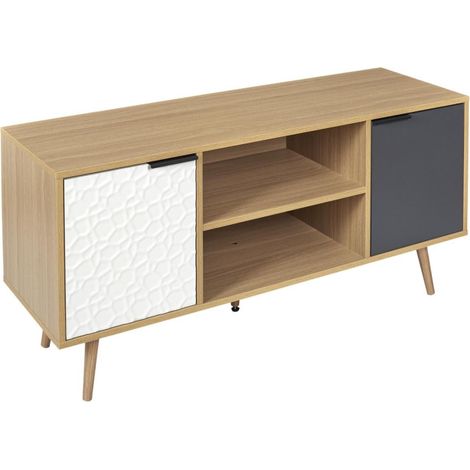 Meuble TV 2 Portes & 2 Niveaux "Agglo" 120cm Naturel (1/3)