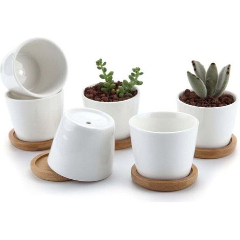 Maceta de cerámica blanca de 6,5 cm para suculentas con bandeja de bambú, juego de 6, maceta para cactus, contenedor de flores, regalo para cumpleaños, boda -Crezuo