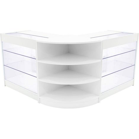 Set Mostradores Comerciales "APOLLO" Blanco 2xK900+1xLM60 MDF y vidrio templado Estantes y puertas corredizas con cerradura Fácil Montaje Mostrador Recepción Expositor Comercial Mesa