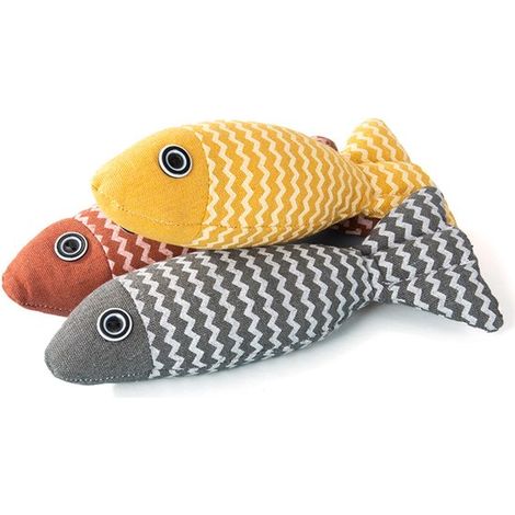 Pack de 3 juguetes interactivos de lino con forma de pez y hierba gatera orgánica, aliviando el estrés y estimulando sus instintos de caza (1/4)