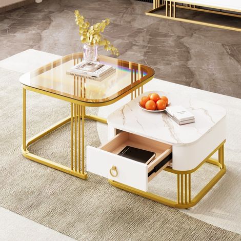 Lot de 2 tables basses gigognes laquées - 60cm et 50cm - Effet marbre blanc haute brillance et verre marron - Blanc (1/5)
